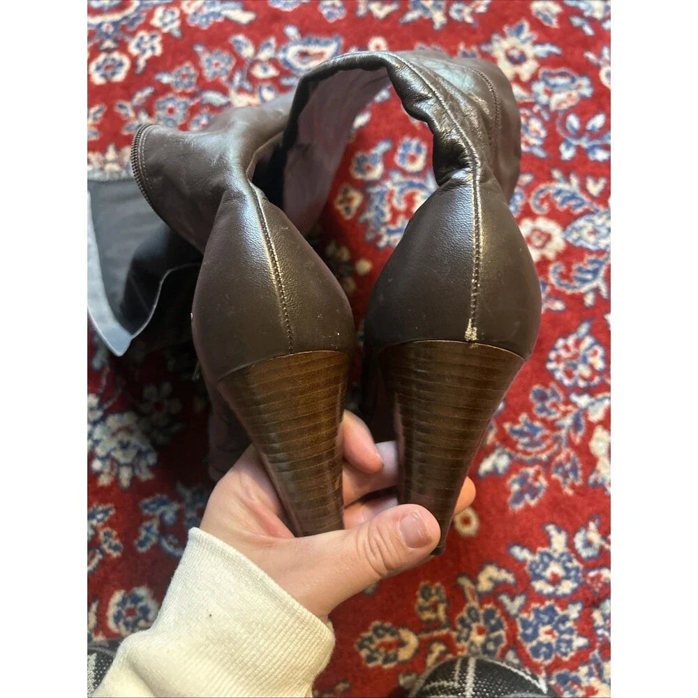 Vintage Joyce California Brown Leather Knee High Boots Block Heel